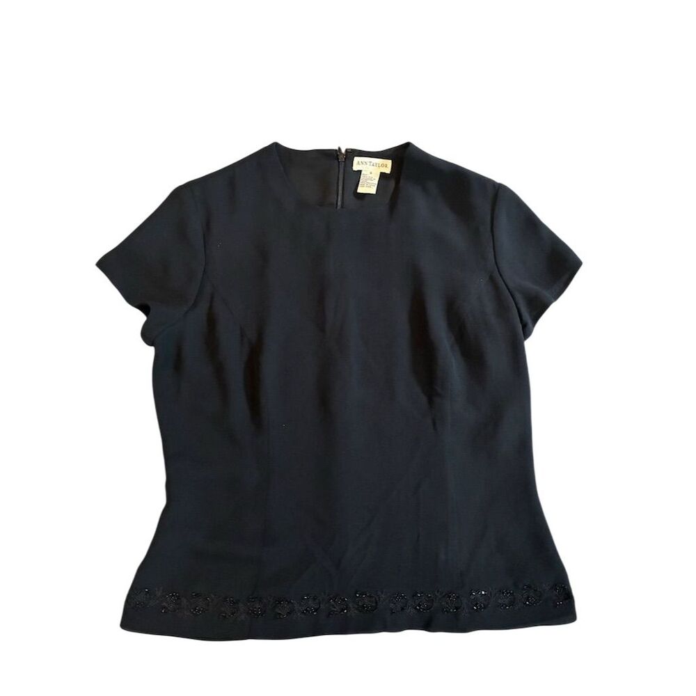 Ann Taylor Women's Black Silk‎ Blouse Size 8 Embellished Hem